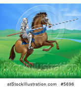 Vector Illustration of a 3d Knight Holding a Jousting Lance on a Rearing Horse in a Valley by AtStockIllustration