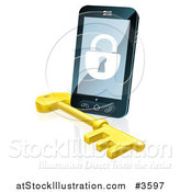 Vector Illustration of a 3d Locked Cell Phone with a Skeleton Key by AtStockIllustration
