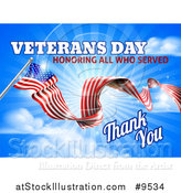 Vector Illustration of a 3d Long Rippling American Flag with Veterans Day Honoring All Who Served Thank You Text on Sky by AtStockIllustration