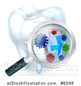 Vector Illustration of a 3d Magnifying Glass Discovering a Shield and Germs or Bacteria on a Tooth by AtStockIllustration
