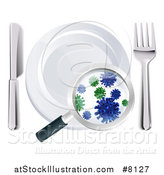 Vector Illustration of a 3d Magnifying Glass Revealing Germs and Bacteria on a Plate and Silverware by AtStockIllustration