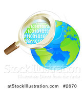 Vector Illustration of a 3d Magnifying Glass Searching Globe Binary Coding by AtStockIllustration