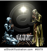Vector Illustration of a 3d Mary and Joseph Praying over Baby Jesus Under the Star of Bethlehem by AtStockIllustration