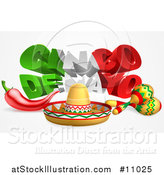 Vector Illustration of a 3d Mexican Flag Colored Cinco De Mayo Text Design with a Sombrero, Chili Pepper and Maracas by AtStockIllustration