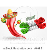 Vector Illustration of a 3d Mexican Flag Colored Happy Cinco De Mayo Text Design with a Chile Pepper Mascot Holding Maracas by AtStockIllustration