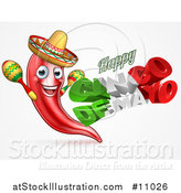 Vector Illustration of a 3d Mexican Flag Colored Happy Cinco De Mayo Text Design with a Chile Pepper Mascot Holding Maracas by AtStockIllustration