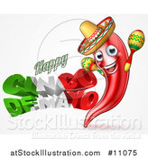 Vector Illustration of a 3d Mexican Flag Colored Happy Cinco De Mayo Text Design with a Chile Pepper Mascot Holding Maracas by AtStockIllustration