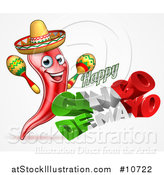 Vector Illustration of a 3d Mexican Flag Colored Happy Cinco De Mayo Text Design with a Chili Pepper Mascot Holding Maracas by AtStockIllustration