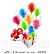 Vector Illustration of a 3d Open Gift Box with Streamers and Colorful Party Balloons by AtStockIllustration