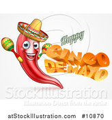 Vector Illustration of a 3d Orange Happy Cinco De Mayo Text with a Chile Pepper Character Wearing a Sombrero and Playing Maracas by AtStockIllustration