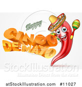 Vector Illustration of a 3d Orange Happy Cinco De Mayo Text with a Chile Pepper Character Wearing a Sombrero and Playing Maracas by AtStockIllustration