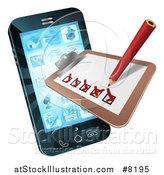 Vector Illustration of a 3d Pencil and Survey Check List Emerging from a Smart Phone Screen by AtStockIllustration