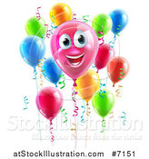 Vector Illustration of a 3d Pink Smiling Happy Birthday Balloon Character with Other Balloons and Ribbons by AtStockIllustration