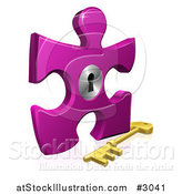 Vector Illustration of a 3d Purple Puzzle Piece Lock with a Skeleton Key by AtStockIllustration