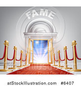 Vector Illustration of a 3d Red Carpet and Posts Leading to Lights in an Open Doorway with Fame Text by AtStockIllustration