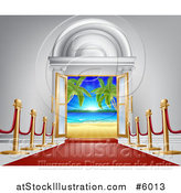 Vector Illustration of a 3d Red Carpet Leading to a Doroway with a Tropical Beach by AtStockIllustration