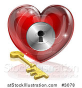 Vector Illustration of a 3d Red Shiny Heart and Gold Key with a Keyhole by AtStockIllustration