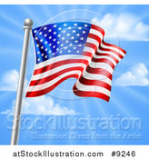 Vector Illustration of a 3d Rippling American Flag on a Silver Pole Against Blue Sky with Rays by AtStockIllustration