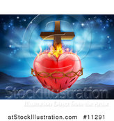 Vector Illustration of a 3d Sacred Heart with Fire Thorns and a Cross over Mountains by AtStockIllustration