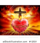 Vector Illustration of a 3d Sacred Heart with Fire Thorns and a Cross over Mountains by AtStockIllustration