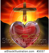 Vector Illustration of a 3d Sacred Heart with Fire Thorns Mountains and a Cross by AtStockIllustration