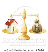 Vector Illustration of a 3d Scale Comparing a Dollar Money Bag and a House by AtStockIllustration