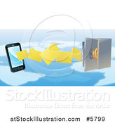 Vector Illustration of a 3d Secure Cell Phone Transfering Backup Files to a Safe over a Map by AtStockIllustration