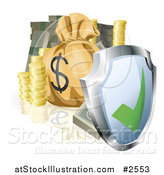 Vector Illustration of a 3d Security Shield with Cash Coins and a Money Bag by AtStockIllustration