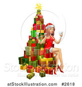 Vector Illustration of a 3d Sexy Christmas Pinup Woman Sitting with Drinks on a Tree of Gifts by AtStockIllustration