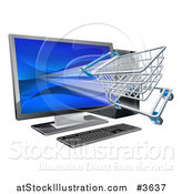 Vector Illustration of a 3d Shopping Cart Flying Through a Desktop Computer Screen by AtStockIllustration