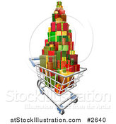 Vector Illustration of a 3d Shopping Cart with a Pile of Wrapped Christmas Presents by AtStockIllustration