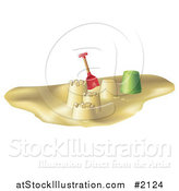 Vector Illustration of a 3d Shovel and Bucket by Sand Castle Towers on a Beach by AtStockIllustration