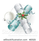 Vector Illustration of a 3d Silver Bauble and Christmas Crackers with Holly by AtStockIllustration