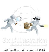 Vector Illustration of a 3d Silver Detective Chasing a Robber with a Magnifying Glass by AtStockIllustration