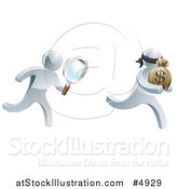 Vector Illustration of a 3d Silver Detective Chasing a Thief with a Magnifying Glass by AtStockIllustration