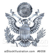 Vector Illustration of a 3d Silver Great Seal of the United States with a Bald Eagle Holding an Olive Branch and Arrows, an American Flag Body and E Pluribus Unum Scroll and Stars over His Head by AtStockIllustration