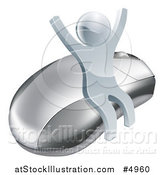 Vector Illustration of a 3d Silver Man Cheering and Sitting on a Computer Mouse by AtStockIllustration