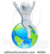 Vector Illustration of a 3d Silver Man Cheering and Sitting on Earth by AtStockIllustration