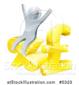 Vector Illustration of a 3d Silver Man Cheering and Sitting on Percent and Pound Sterling Symbols by AtStockIllustration