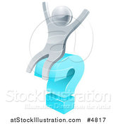 Vector Illustration of a 3d Silver Man Cheering on a Blue Question Mark by AtStockIllustration