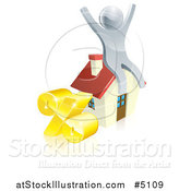 Vector Illustration of a 3d Silver Man Cheering on a House by a Percent Symbol by AtStockIllustration
