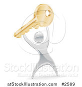 Vector Illustration of a 3d Silver Man Holding up a Gold Key by AtStockIllustration