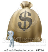 Vector Illustration of a 3d Silver Man Looking up at a Big Dollar Money Bag by AtStockIllustration