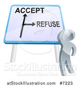 Vector Illustration of a 3d Silver Man Looking up at a Big Refuse and Accept Sign by AtStockIllustration