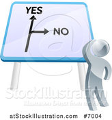 Vector Illustration of a 3d Silver Man Looking up at a Big Yes and No Billboard Sign and Thinking on Which Direction to Go by AtStockIllustration
