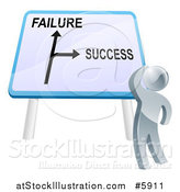 Vector Illustration of a 3d Silver Man Looking up at a Failure or Success Directional Sign by AtStockIllustration