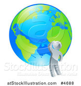 Vector Illustration of a 3d Silver Man Looking up at a Globe by AtStockIllustration