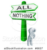 Vector Illustration of a 3d Silver Man Looking up at a Green All or Nothing Crossroads Sign by AtStockIllustration