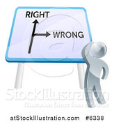 Vector Illustration of a 3d Silver Man Looking up at a Right and Wrong Directional Sign by AtStockIllustration