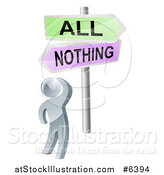 Vector Illustration of a 3d Silver Man Looking up at an All or Nothing Crossroads Sign by AtStockIllustration